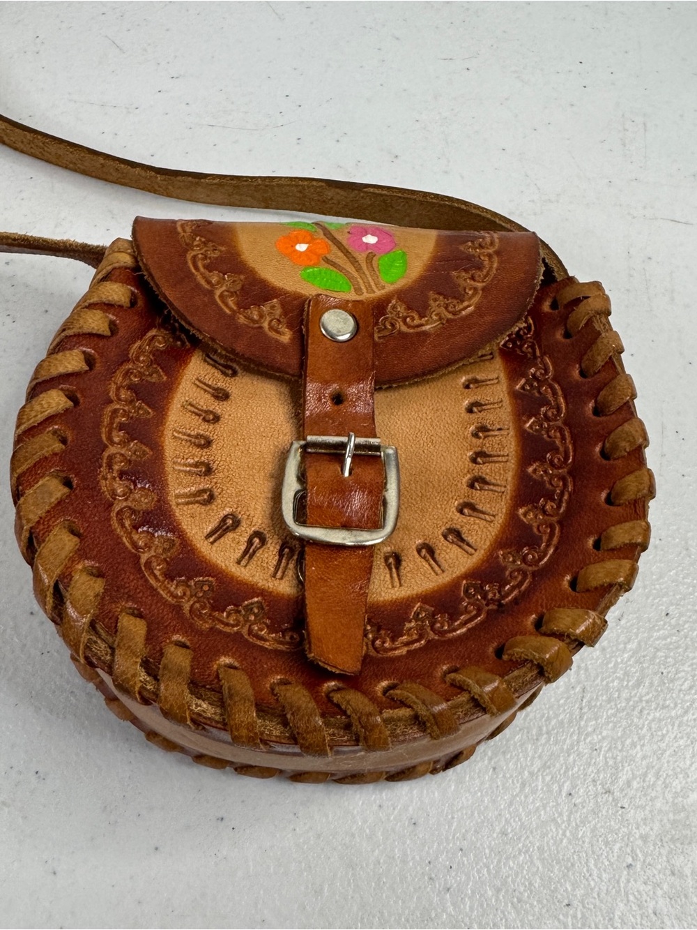 Handcrafted Brown Floral Leather Crossbody Bag